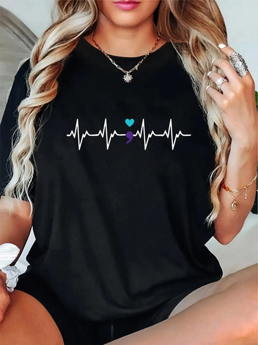 🩷 Heartbeat Semicolon Graphic T-Shirt – Suicide Prevention Awareness Tee