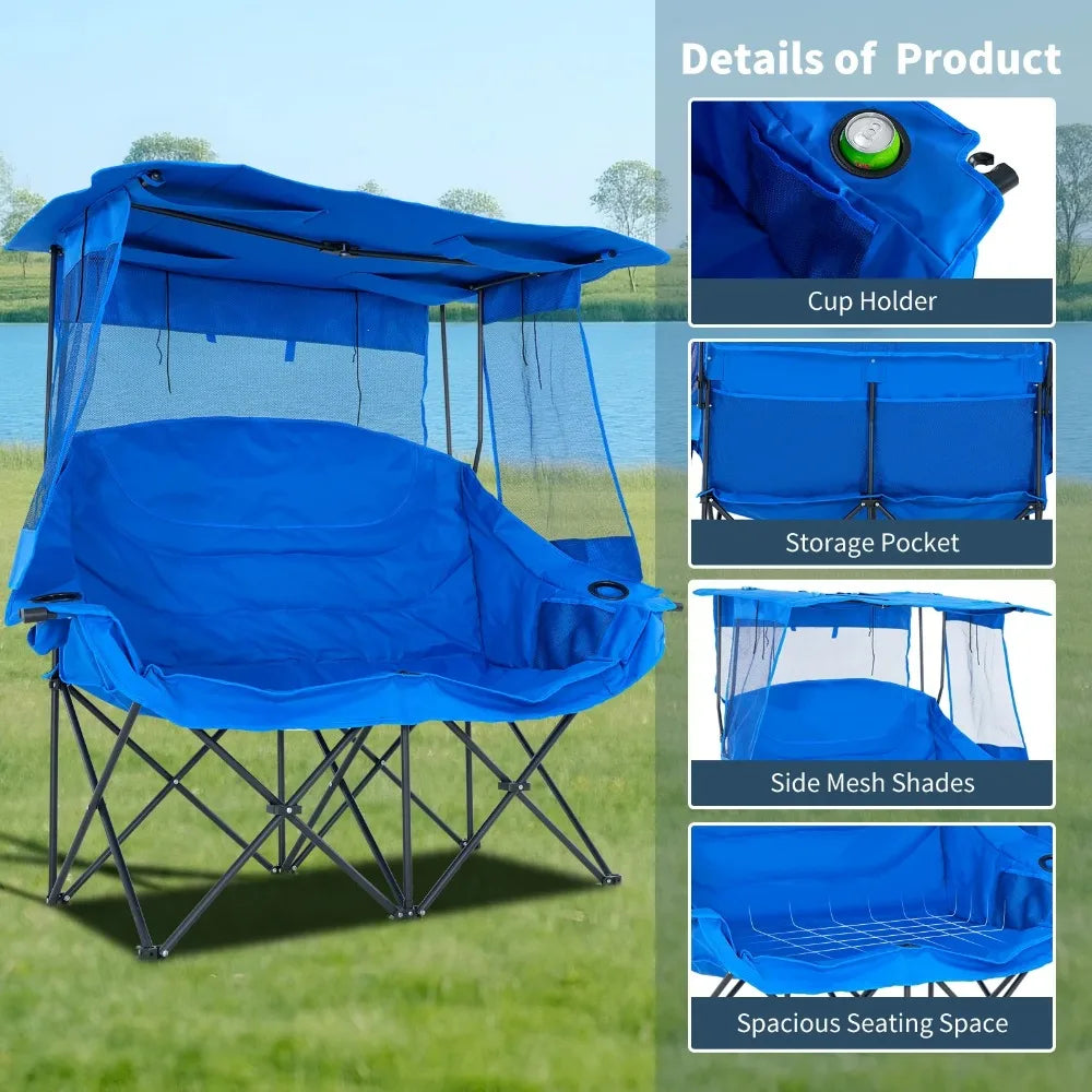 Oversized Double Camping Chair with Shade Canopy, 2 Person Folding Beach Chair with Cup Holder Carrying Bag, Heavy Duty Loveseat