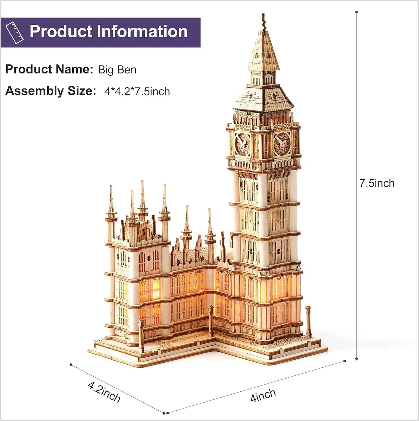 3D Wooden Puzzle Game with Light - Big Ben and Tower Bridge, Ideal DIY Gift for Children and Adults