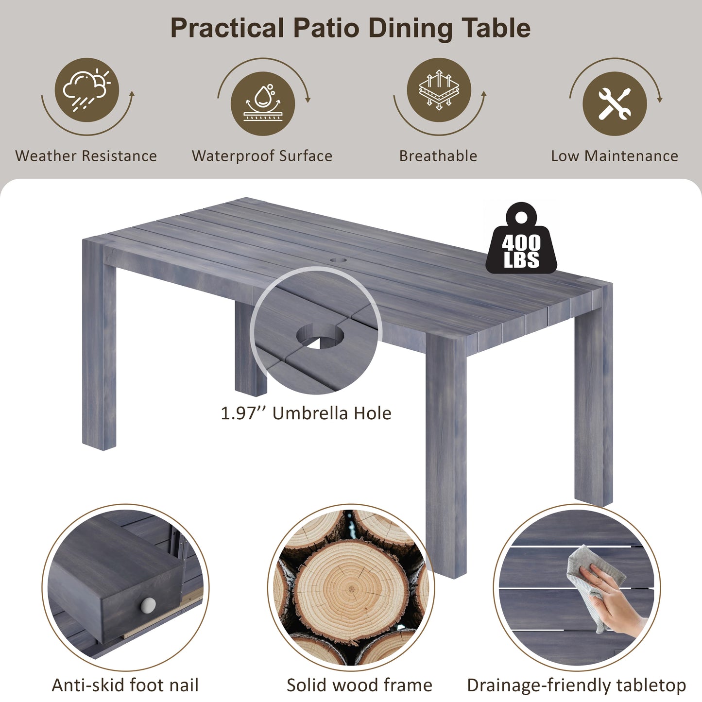 7-Piece Outdoor Dining Set – Solid Wood Patio Table with 6 Armchairs, 70.8” Rectangular Table for Garden or Backyard