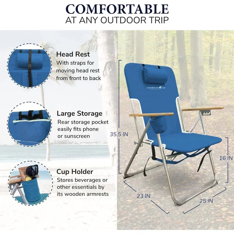 Folding Beach Chair – 4-Position Portable Backpack Camping Chair with Headrest, Cup Holder, and Wooden Armrests