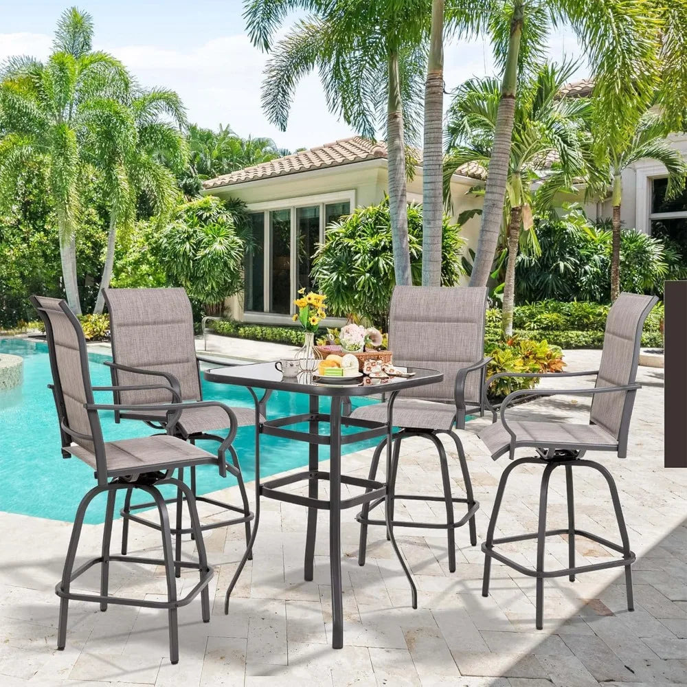 New 5-Piece Patio Swivel Bar Set – All-Weather Metal Textilene High Swivel Bar Stools (Set of 4) with Glass Bar Table