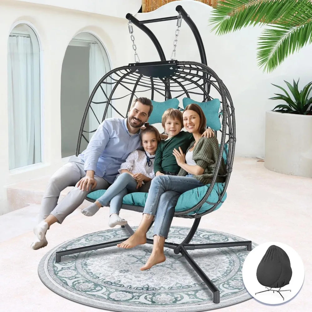 Double Swing Egg Chair with Stand – 2-Person Rattan Loveseat for Outdoor/Indoor Patio or Bedroom (Gray & Turquoise)