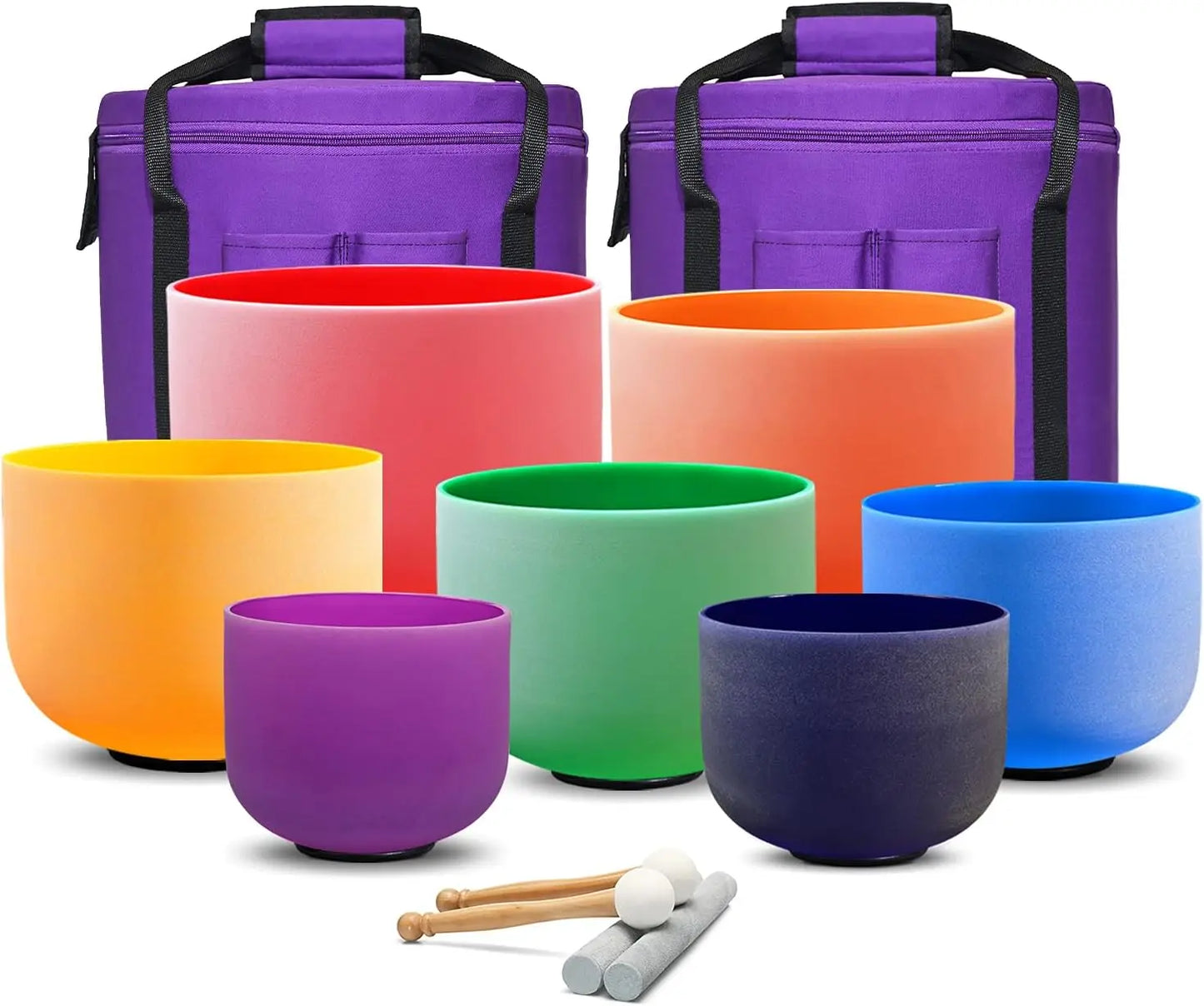 7-Piece Chakra Crystal Singing Bowl Set – 440Hz/432Hz Colored Quartz Sound Healing Bowls with Carrying Bags