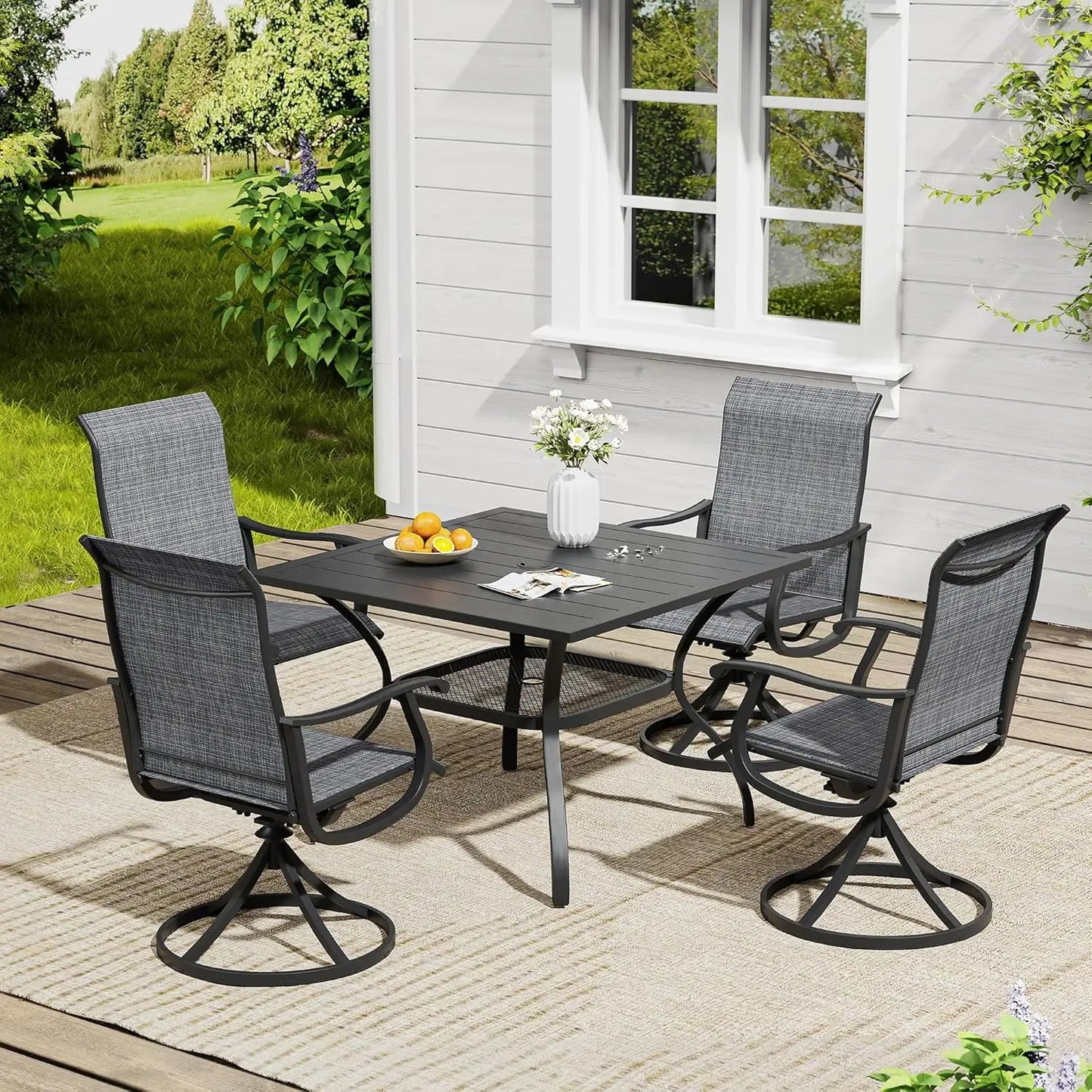 6-Piece Outdoor Patio Dining Set – Swivel Chairs & Rectangular Table with Built-In Storage Shelf