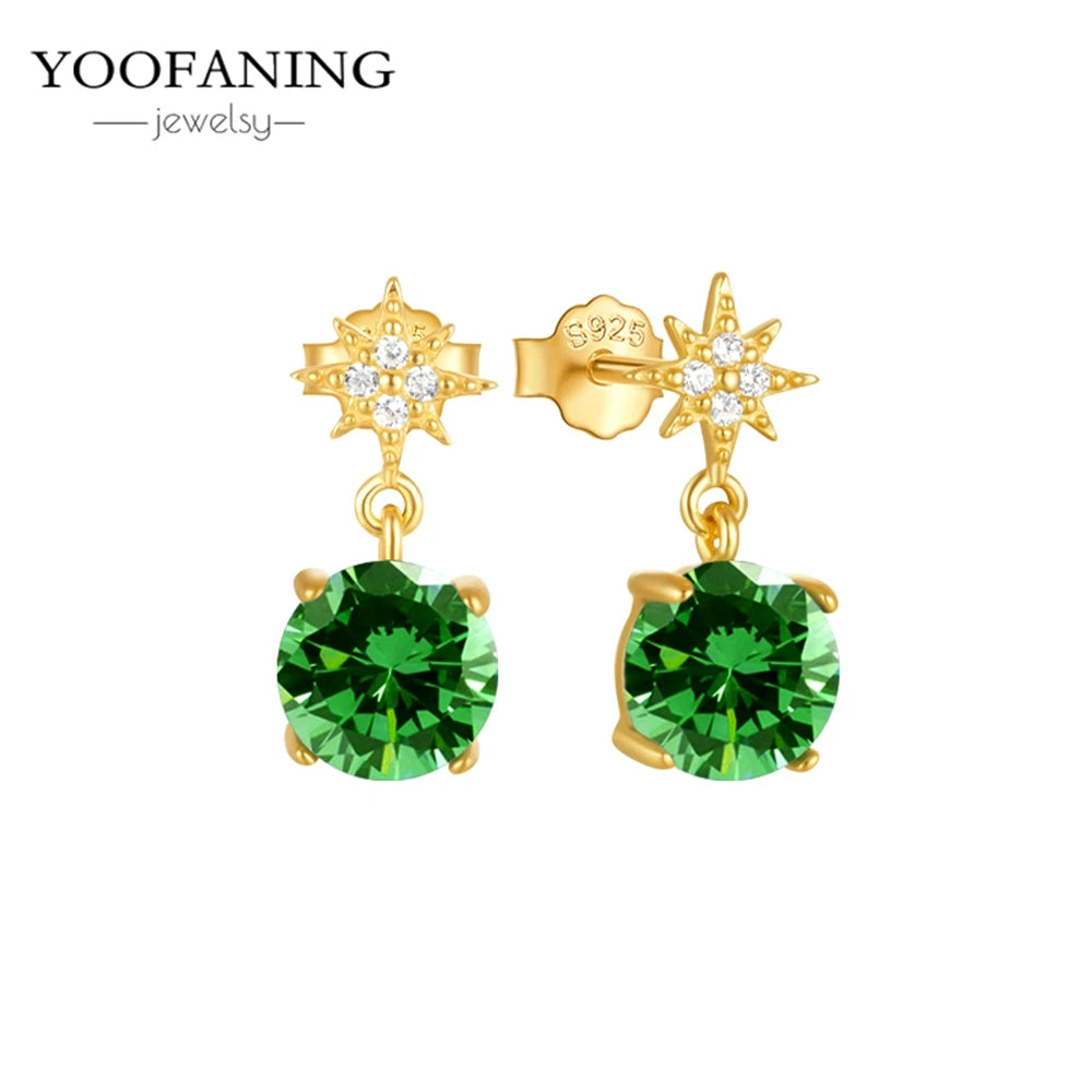 925 Sterling Silver Women's Earrings – Heart-Shaped Green Zircon Flower with Geometric Luxury Design