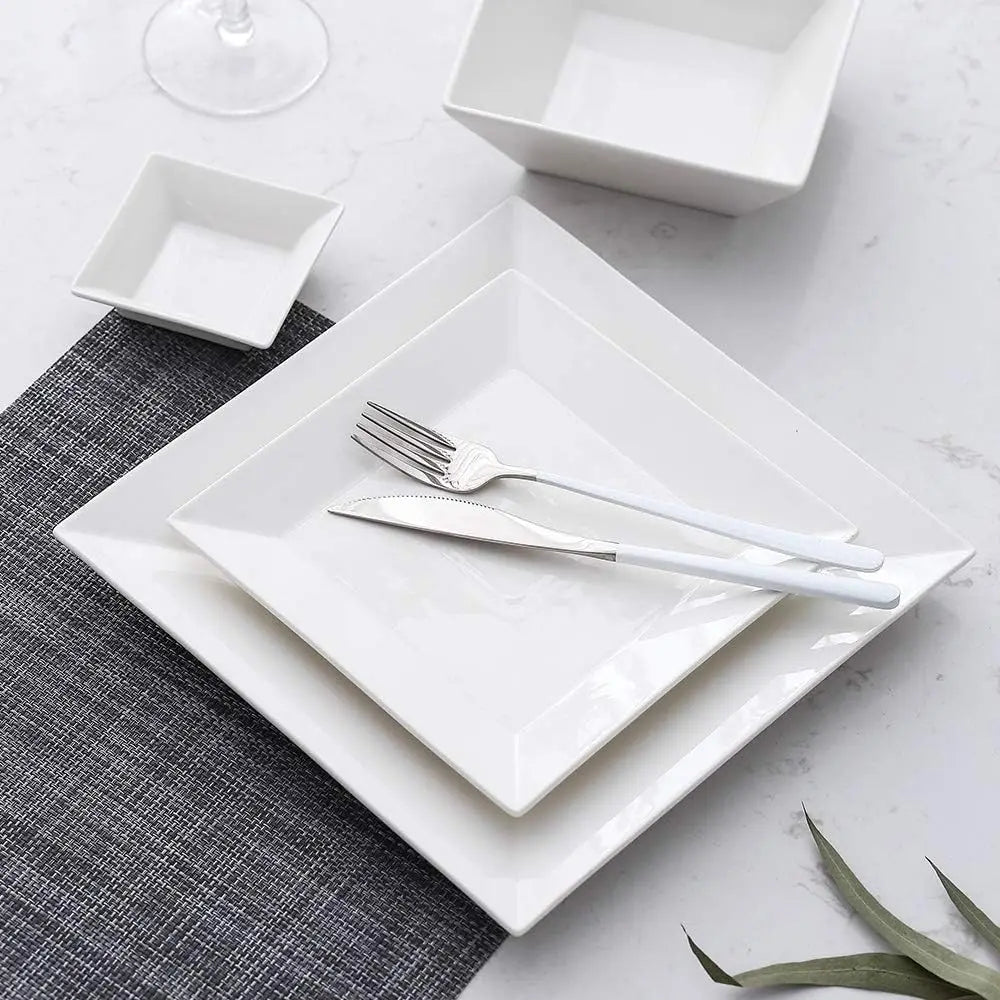 Elevate Your Dining: Elegant 24-Piece Square Dinnerware Set for 6 – Includes Plates, Bowls & Saucers in Off-White