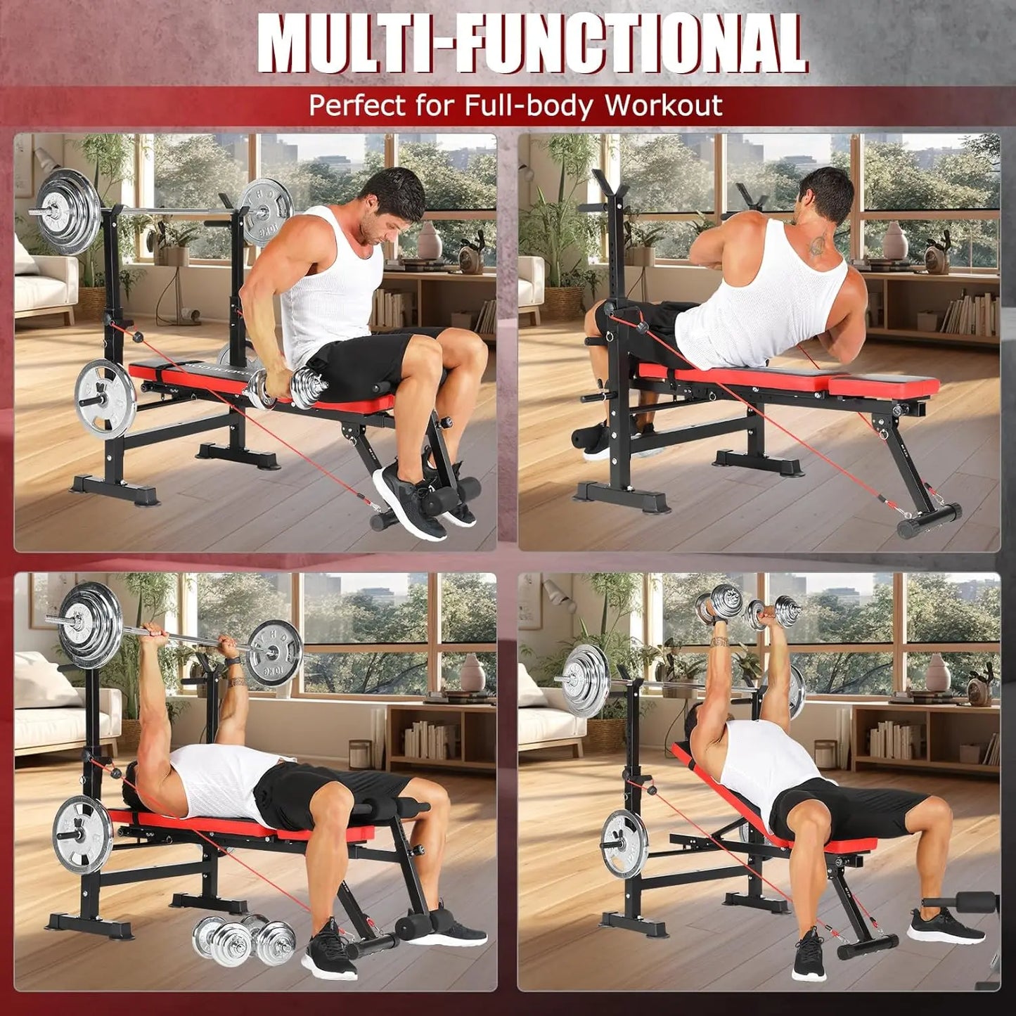 6-in-1 Weight Bench Set with Squat Rack – Foldable, Adjustable Bench Press with Removable Foot Catch for Complete Strength Training!