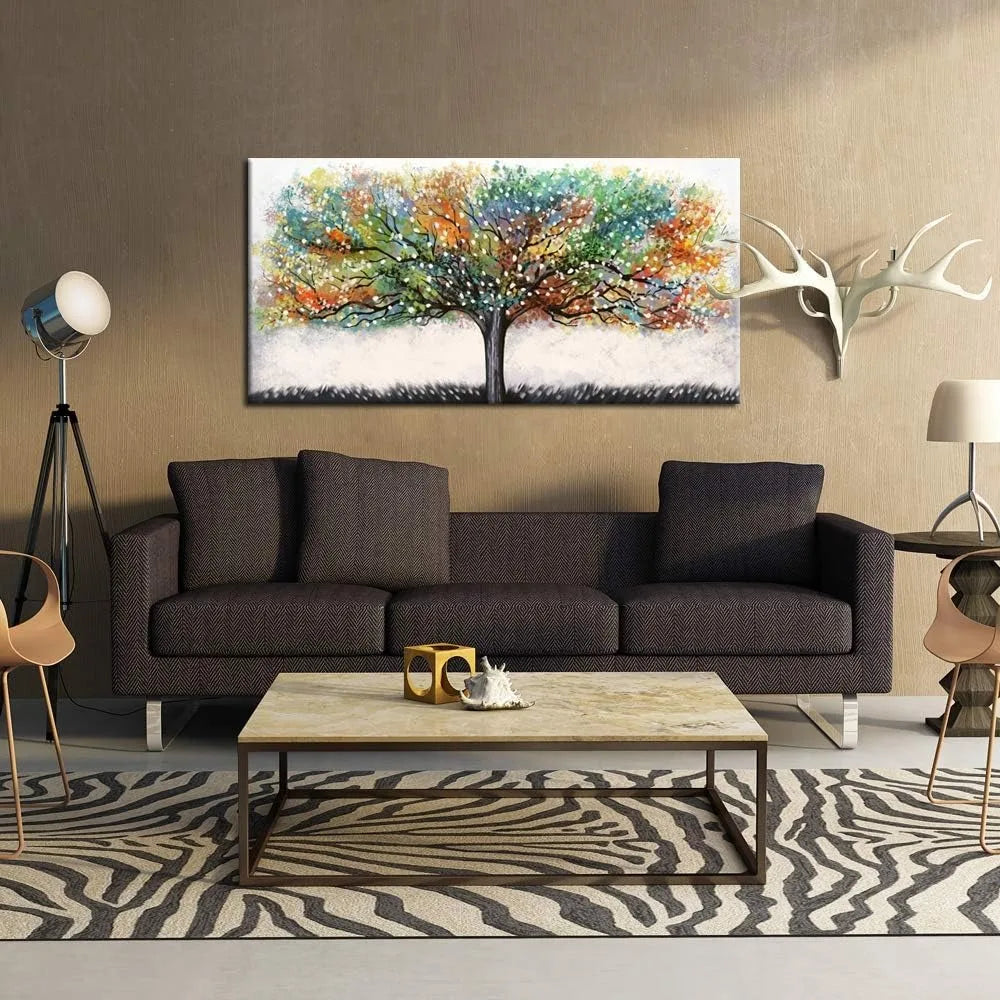 Large Abstract Canvas Wall Art – Colorful Trees Landscape Giclee Print, Framed Artwork for Living Room Decor