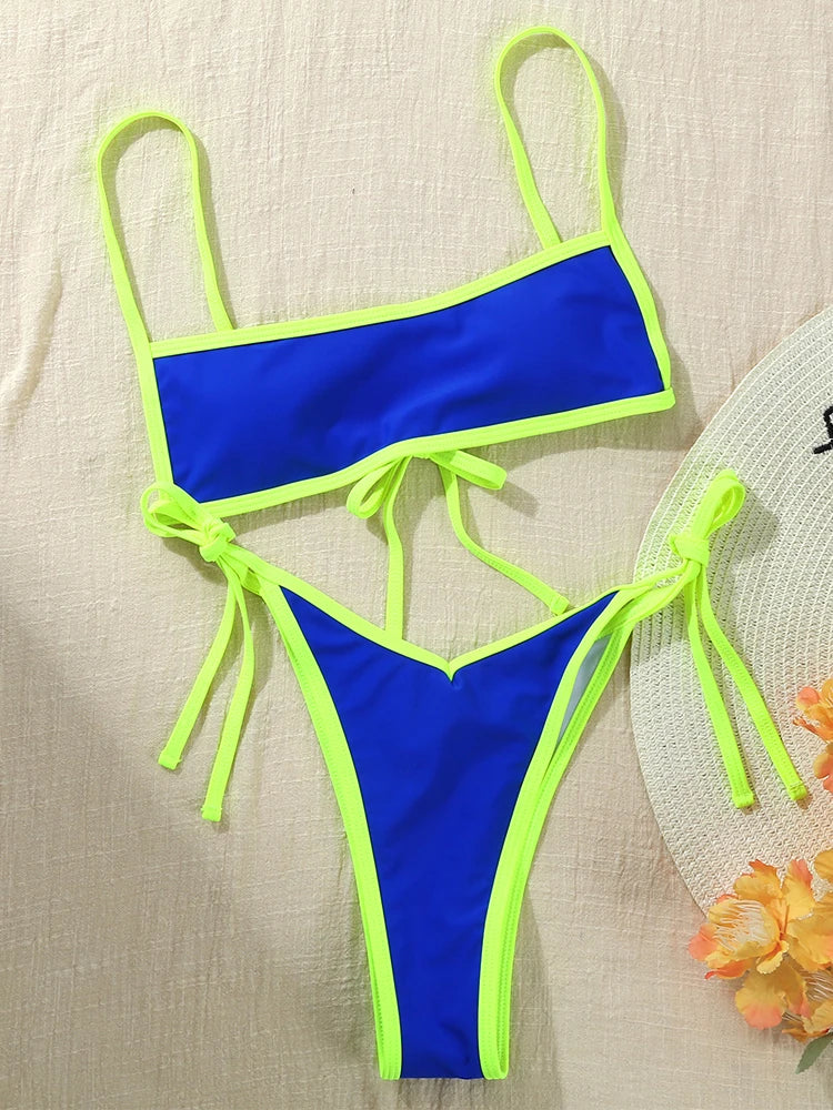 Sexy Low Waist Ruffled Bikini Set for Women - Strappy Thong Bandeau Swimsuit, Perfect Beachwear