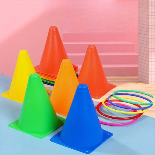 Multicolor Cone and Ring Toss Game Set for Kids – Outdoor Floor Ring Toss Sports Game with Logo Barrels, Sensory Motor Skills Trainer