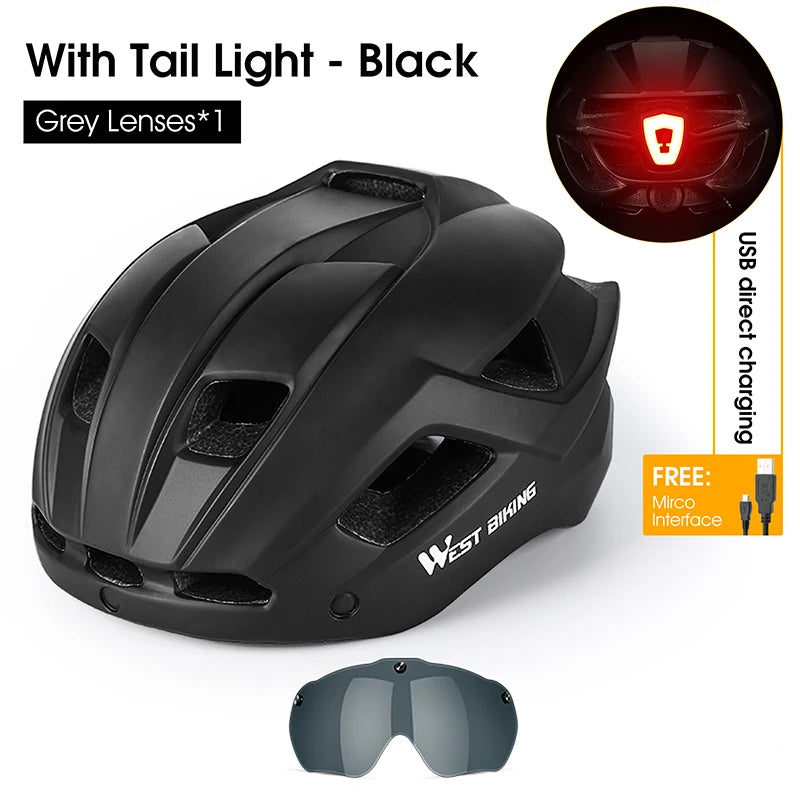 WEST BIKING Unisex Cycling Helmet with Taillight, Goggles, and Sun Visor – Safety Helmet for MTB, Road Bikes, and Motorcycles