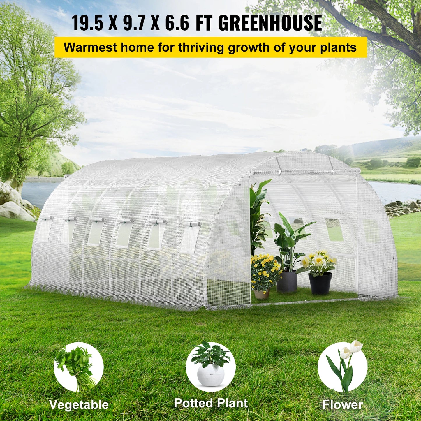 VEVOR 20x10x7 ft Walk-in Tunnel Greenhouse – Portable Design with 3 Top Beams, Diagonal Poles, 2 Zippered Doors, and 12 Roll-up Windows