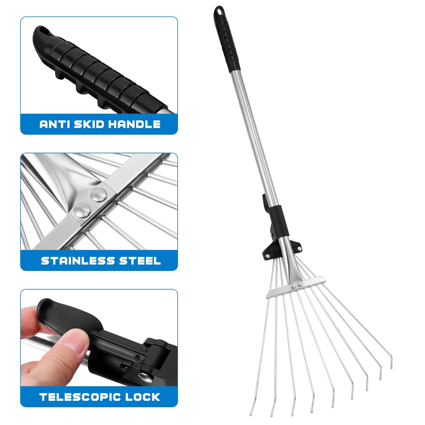 TOYANDONA Telescopic Metal Rake: Adjustable Retractable Gardening Tool for Leaves on Lawn and Yard