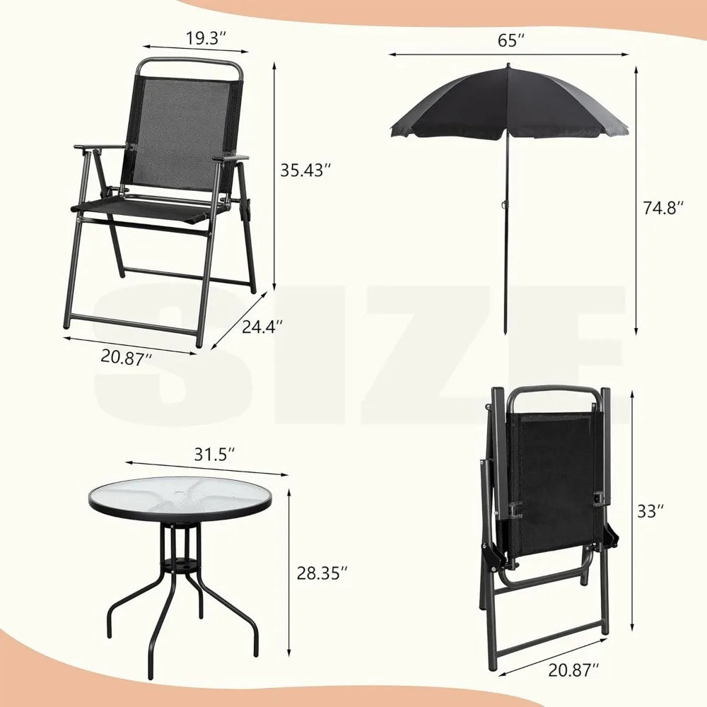 6-Piece Folding Patio Dining Set – Small Metal Outdoor Table and Chair Set with Umbrella for Lawn, Deck, and Backyard in Black