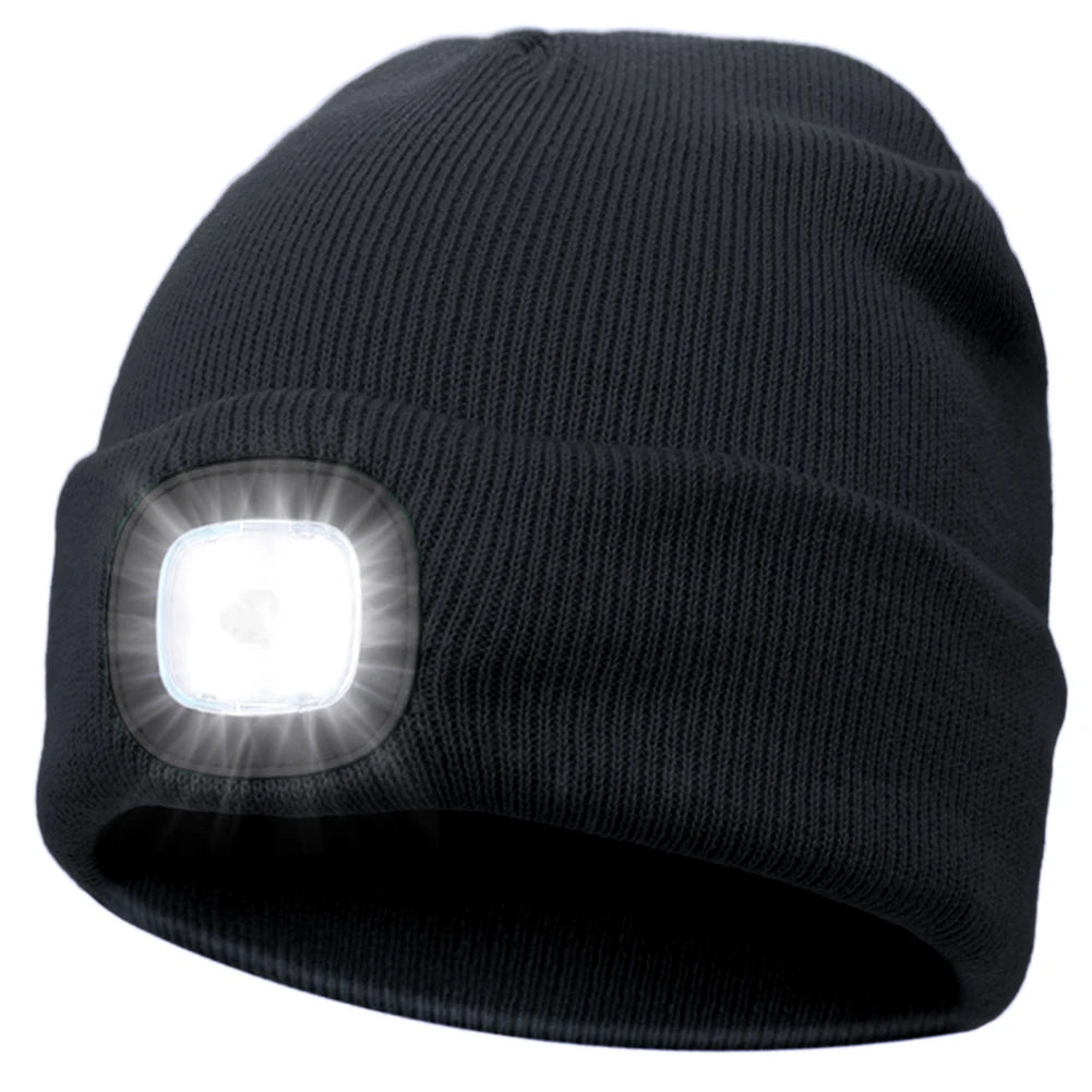 Unisex LED Beanie Hat with 4 Built-in Lights – Winter Knit Cap with Rechargeable Headlamp