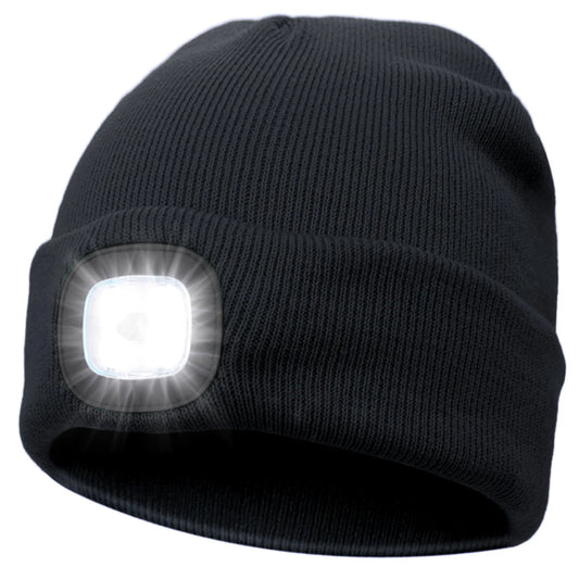 Unisex LED Beanie Hat with 4 Built-in Lights – Winter Knit Cap with Rechargeable Headlamp