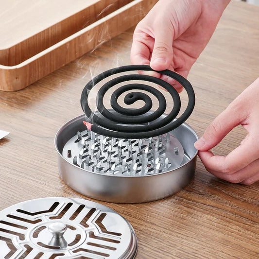 Mosquito Coil Holder with Lid – Round Metal Tray | Easy-to-Clean Mosquito Coil Burner for Indoor & Outdoor Use
