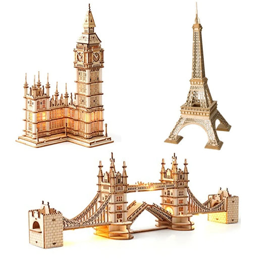 3D Wooden Puzzle Kit – DIY Tower Bridge, Big Ben, or Eiffel Tower Model Set for Home Decor or Birthday Gifts