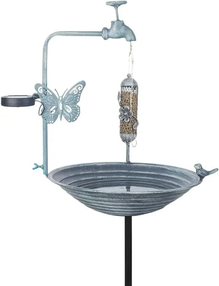 Garden Charm: Metal Blue Bird Bath with Solar Light & Integrated Flower Planter