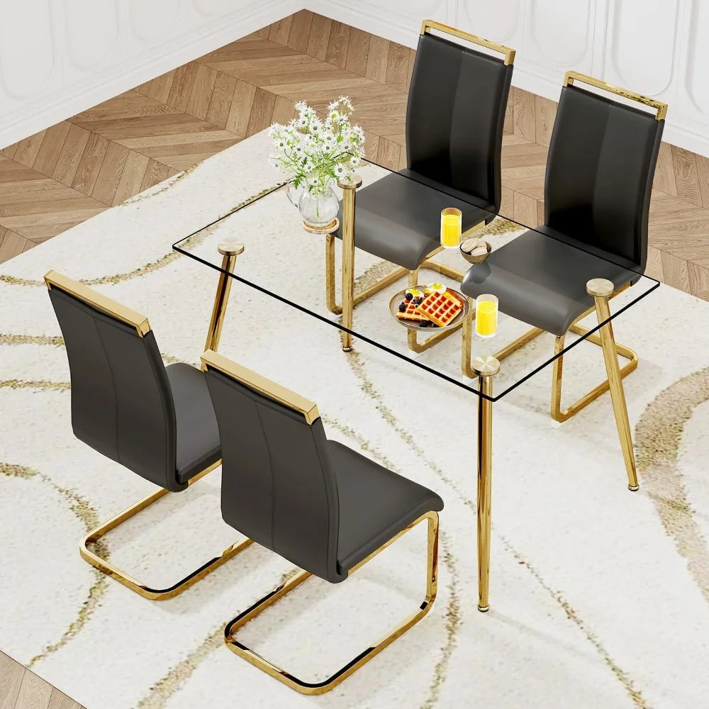 5-Piece Glass Dining Table Set for 4 – Modern Kitchen Dining Room Table with 4 Black PU Leather Chairs