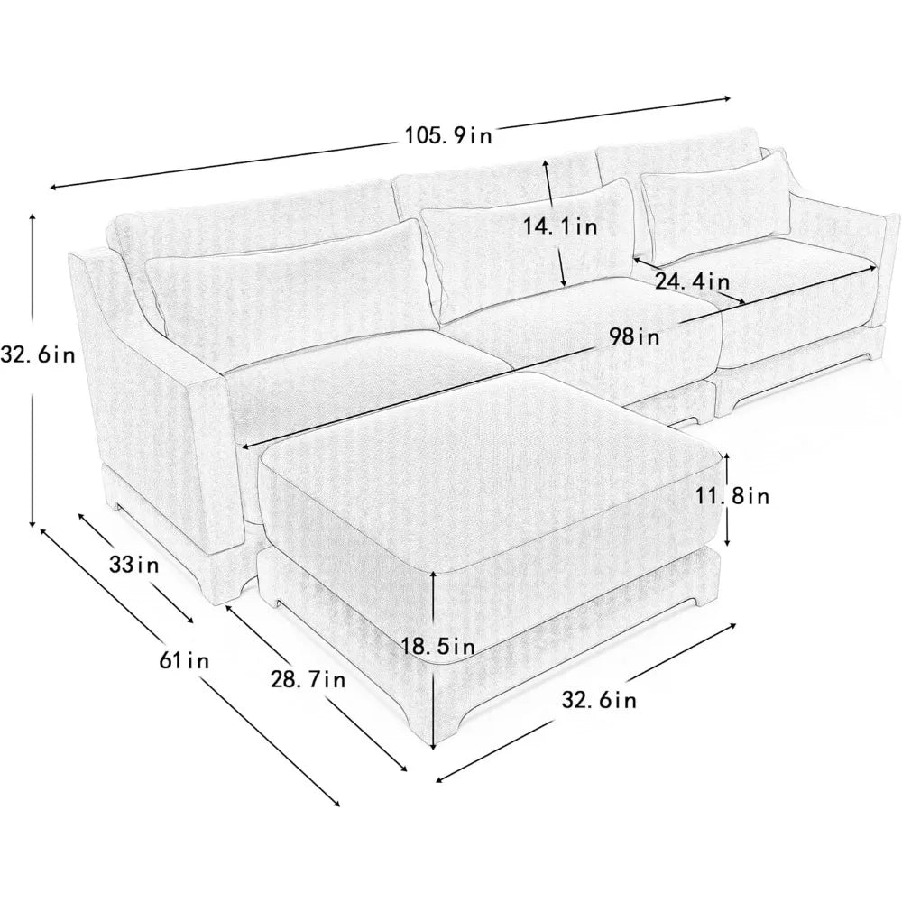 110" L-Shaped Modular Cloud Sectional Sofa with Ottoman – 3-Seat Chenille Deep Cushion Couch with Pillows for Living Room