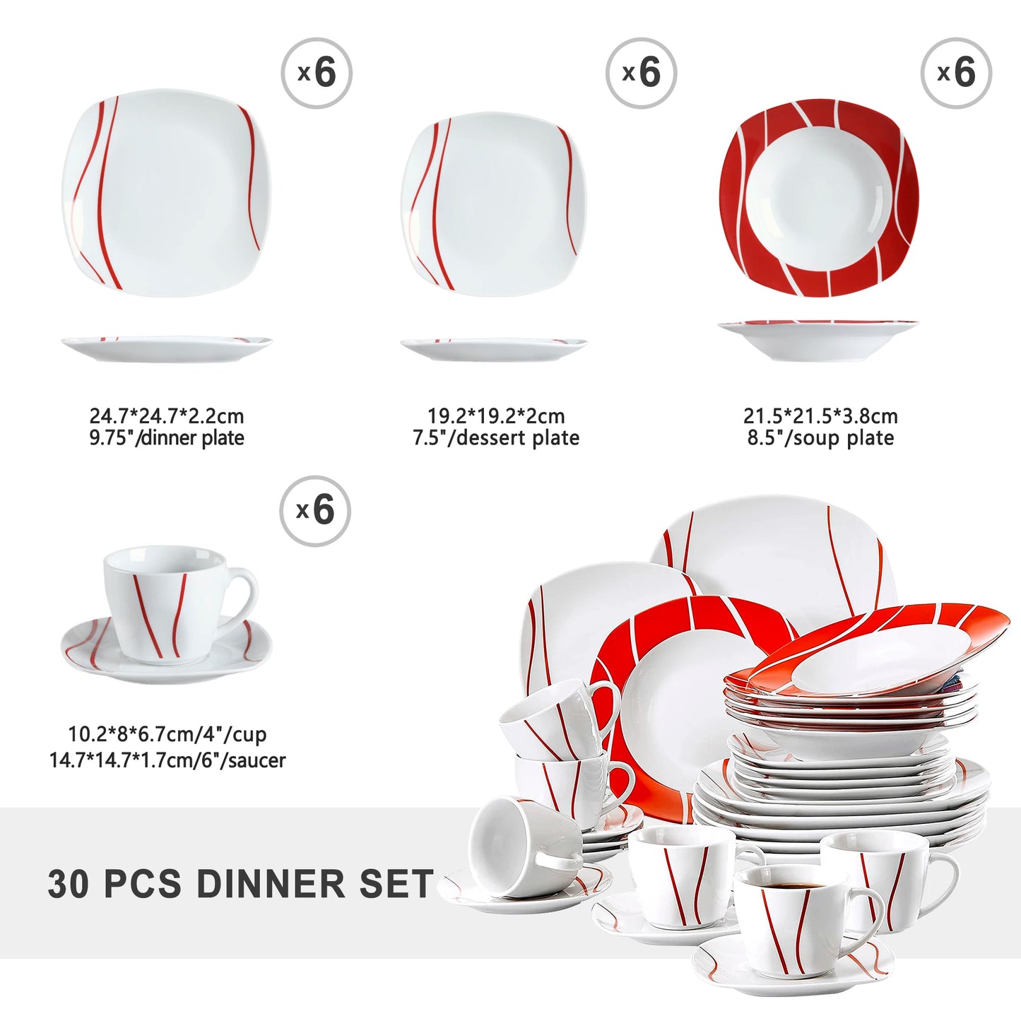 30-Piece Porcelain Dinnerware Set – Red Striped Ivory White Plates, Cups, Saucers, Bowls & Dessert Dishes (Service for 6)