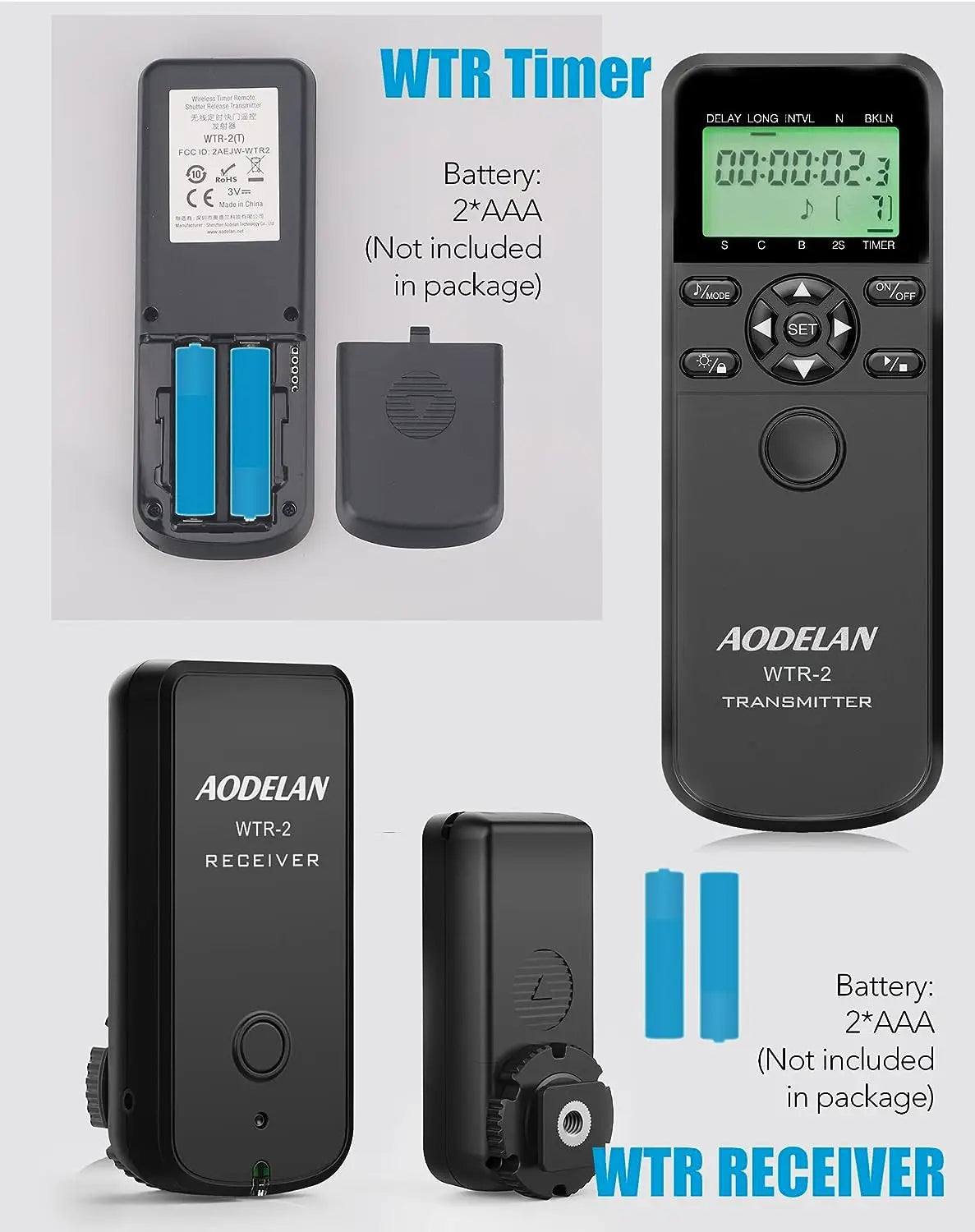 Wireless WTR-2 Camera Timer Shutter Release: Intervalometer Remote Control for Canon, Sony, Nikon - Bulb Mode, Timelapse, Continuous Shooting