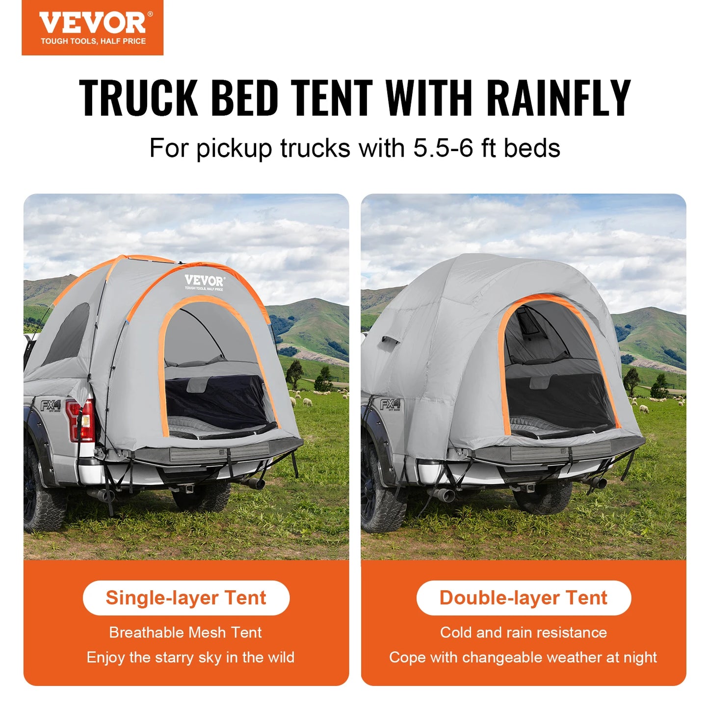 Waterproof Truck Bed Tent - Fits 5.5' - 6' Pickup Trucks, Double Layer with Rain Cover and Carry Bag for Camping