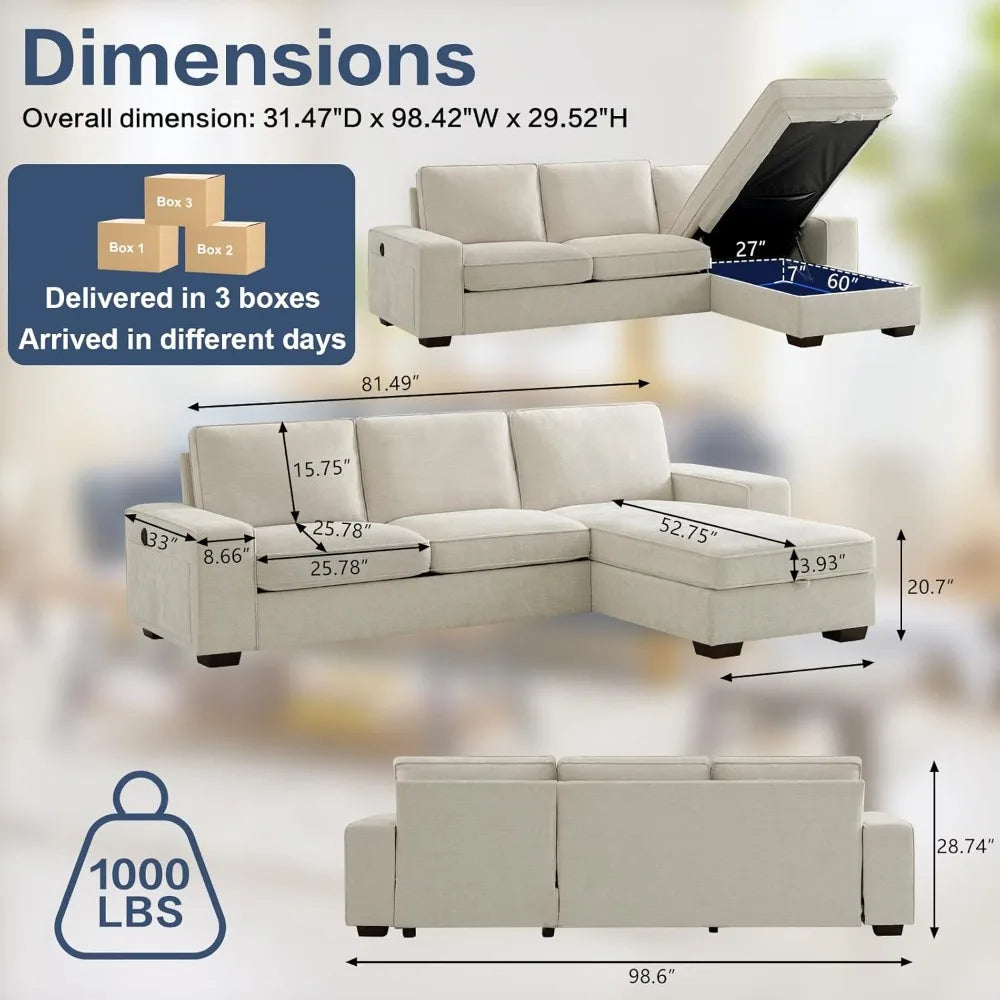 99" Modern Reversible Sectional Sofa with Chaise and Storage – L-Shaped Chenille Fabric Couch for Living Room