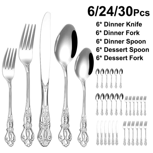 6/24/30-Piece Luxury Silver Cutlery Set – Elegant Stainless Steel Flatware for Stylish Dining