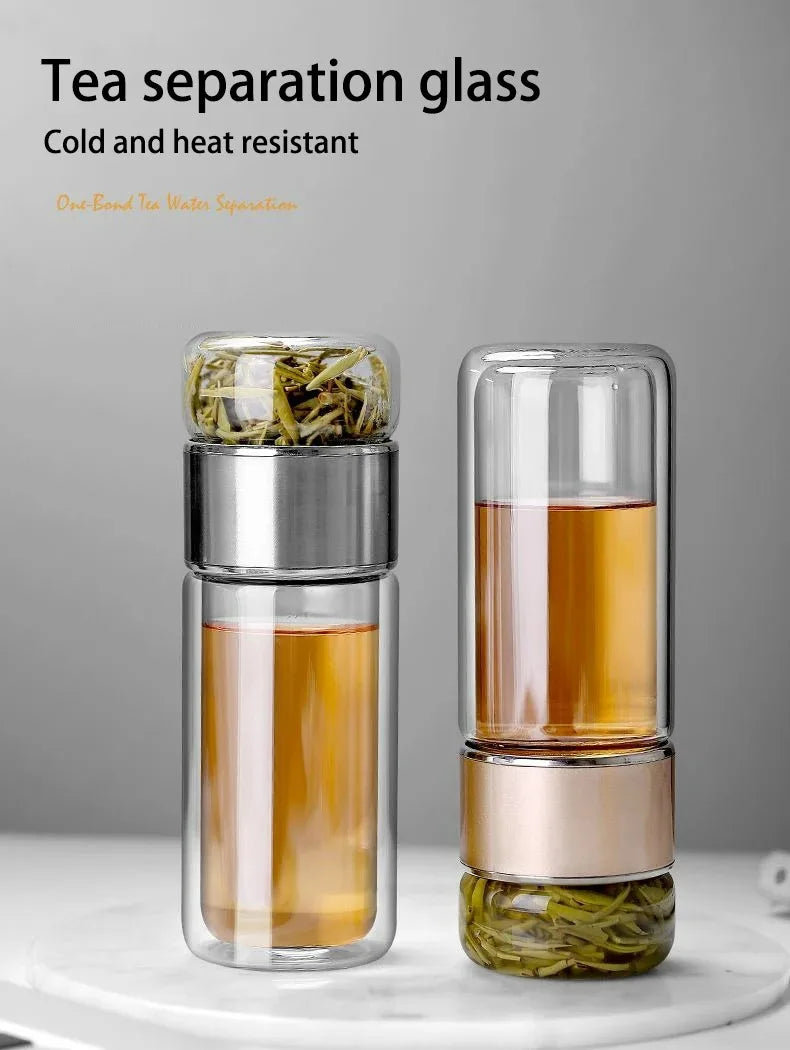420ML Tea Infuser Water Bottle – Double Layer High Borosilicate Glass Tumbler with Stainless Steel Filter for Loose Leaf Tea & Fruit Infusions