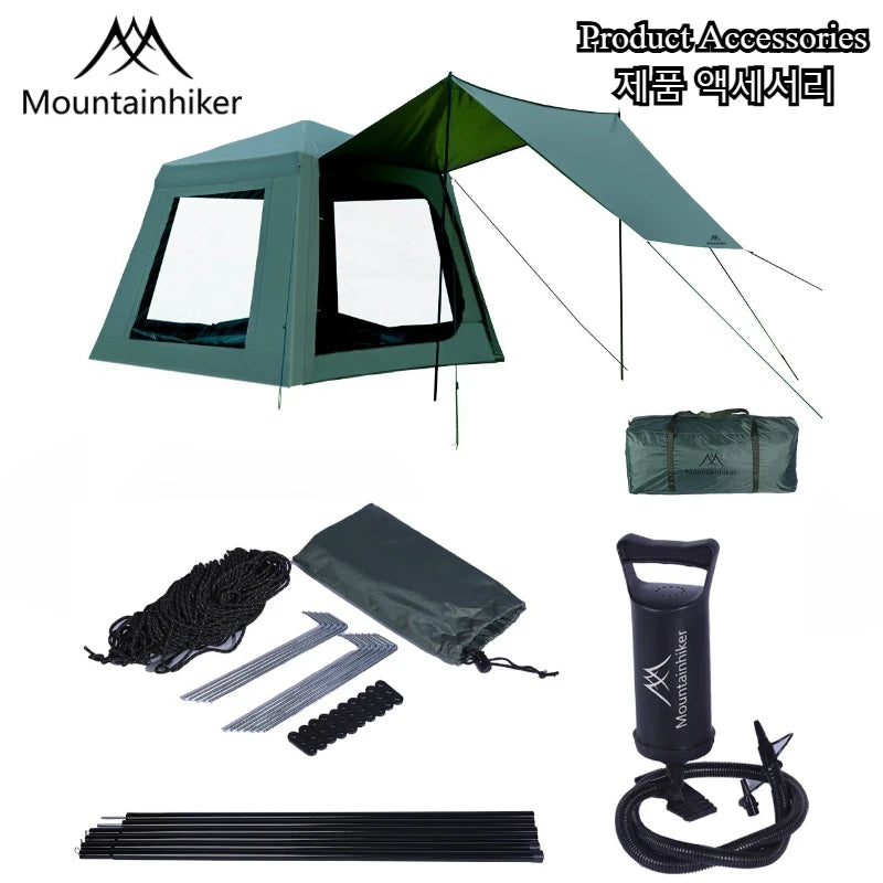 🏕️ MOUNTAINHIKER Inflatable Cottage Tent – Spacious 3–4 Person Quick-Setup Camping Shelter with Canopy