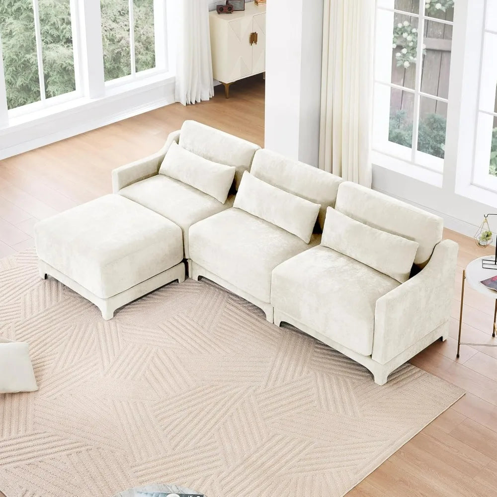 110" L-Shaped Modular Cloud Sectional Sofa with Ottoman – 3-Seat Chenille Deep Cushion Couch with Pillows for Living Room