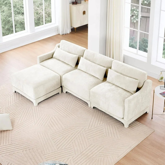 110" L-Shaped Modular Cloud Sectional Sofa with Ottoman – 3-Seat Chenille Deep Cushion Couch with Pillows for Living Room