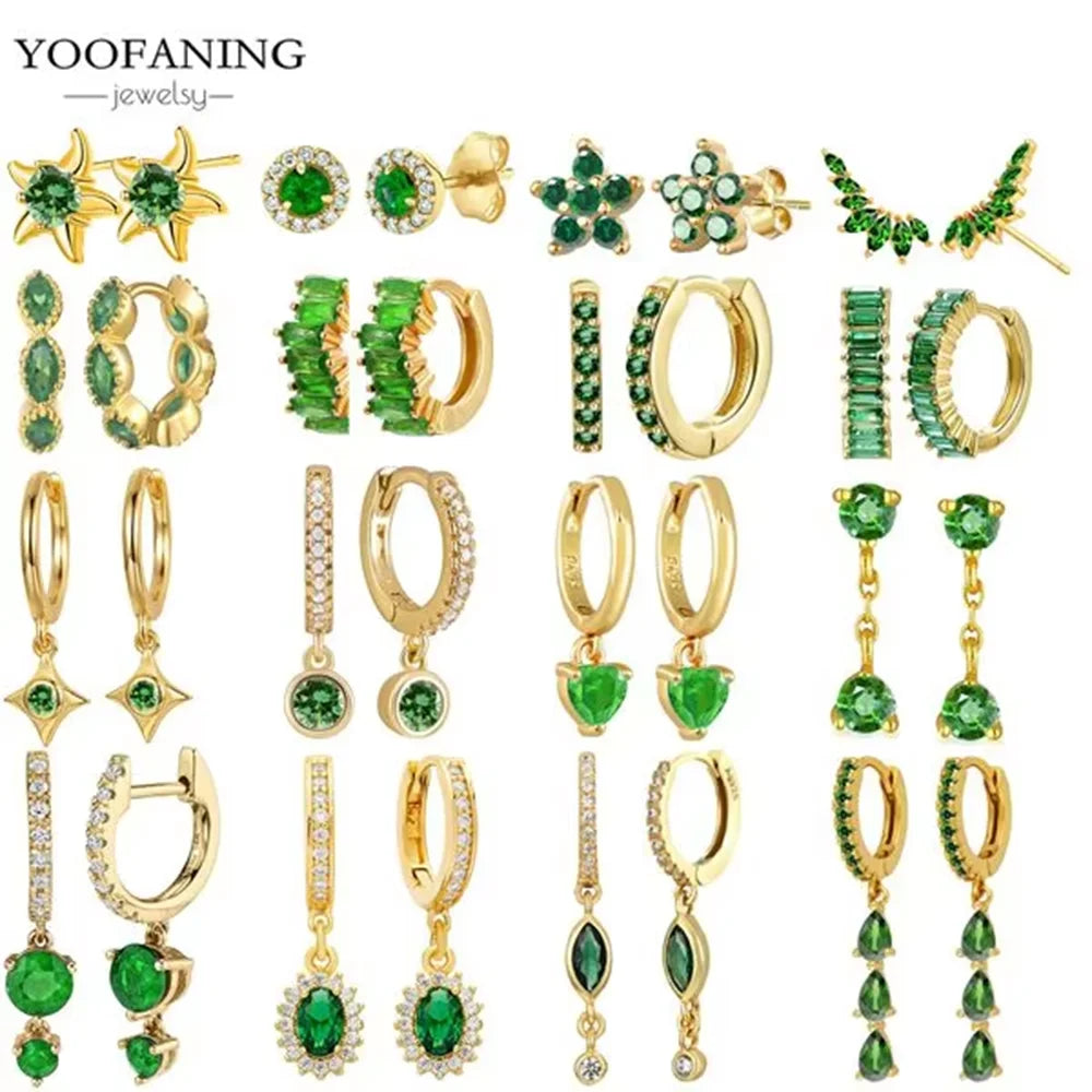 925 Sterling Silver Women's Earrings – Heart-Shaped Green Zircon Flower with Geometric Luxury Design