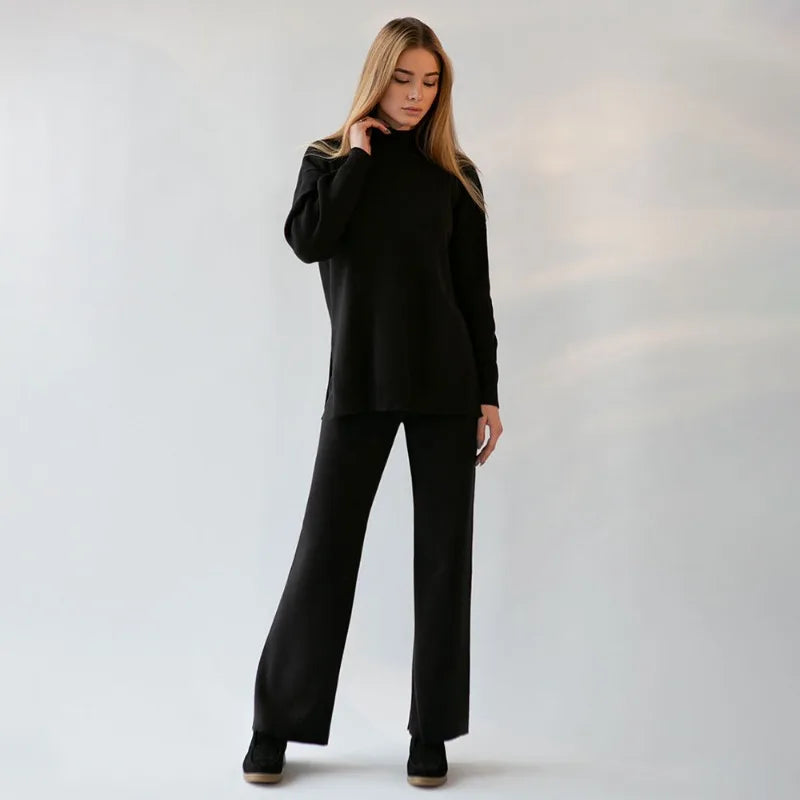 Elevate Your Style with Cozy Chic: Autumn/Winter Knitted Two-Piece Set featuring a Pullover Sweater and High-Waist Pants - Perfect for Casual and Streetwear Fashion