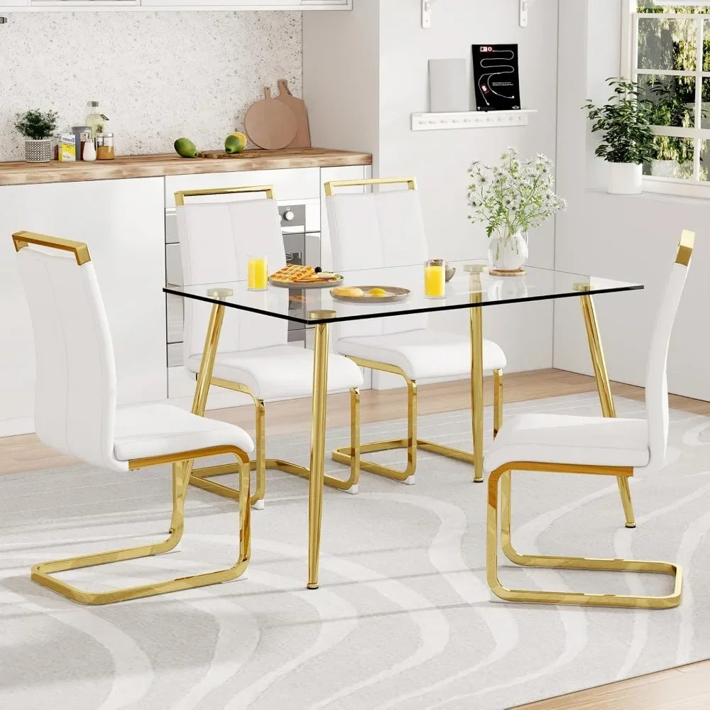 5-Piece Glass Dining Table Set – Modern Kitchen Table with 4 PU Leather Chairs for Dining Room or Apartment