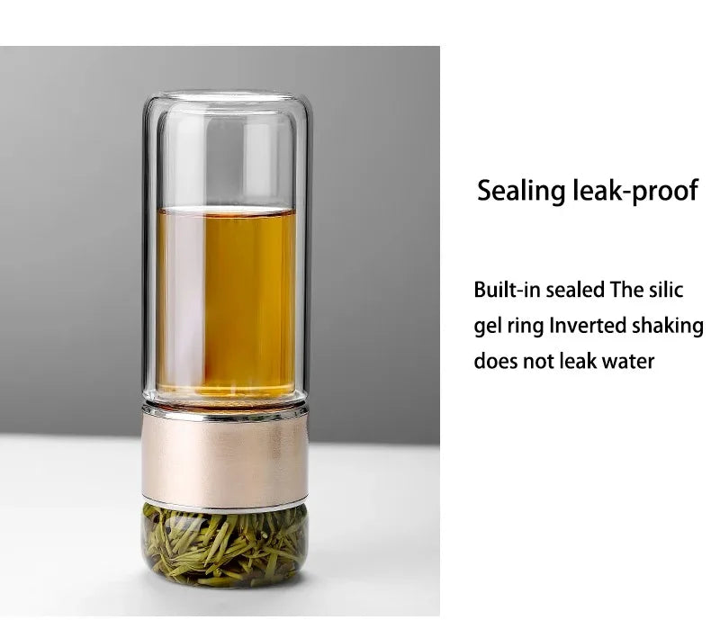 420ML Tea Infuser Water Bottle – Double Layer High Borosilicate Glass Tumbler with Stainless Steel Filter for Loose Leaf Tea & Fruit Infusions