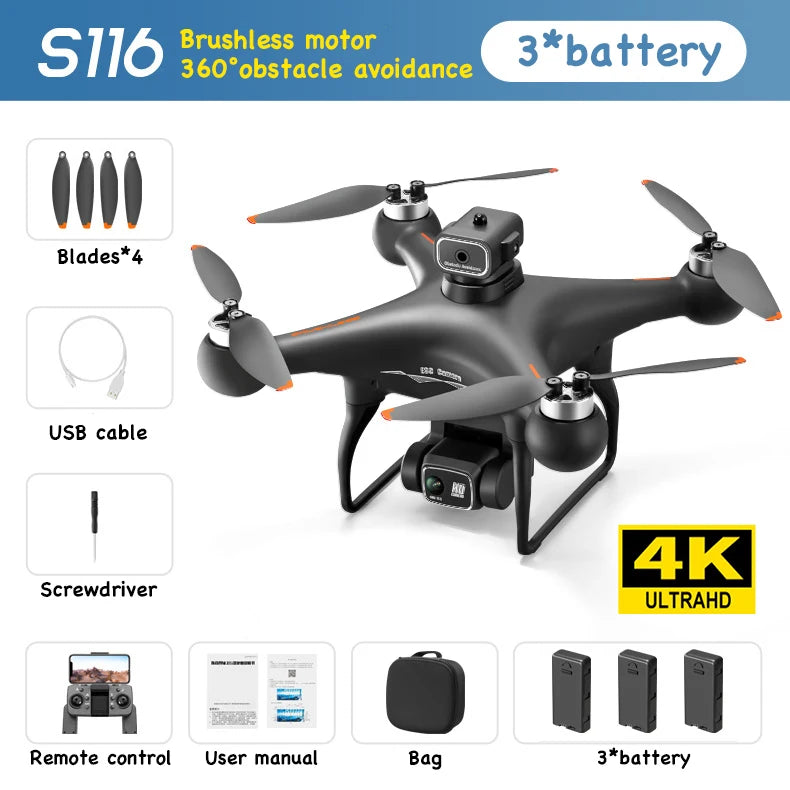 8K GPS Professional Drone with Dual 4K Cameras | S116 Max Brushless Motor, Obstacle Avoidance, & Long-Life Battery