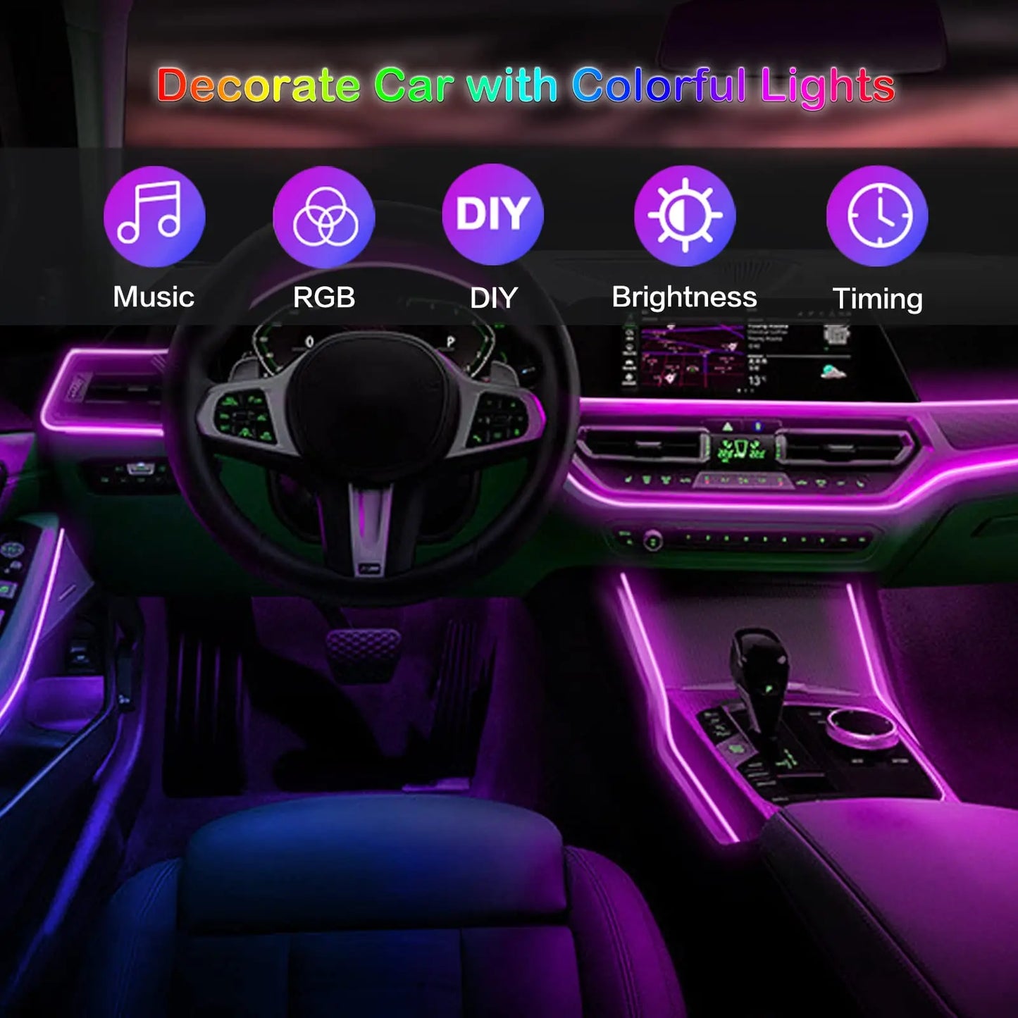 Enhance Your Car Interior: RGB LED Fiber Optic Ambient Strip Lights with Remote Control App for Customized Atmosphere and Decoration