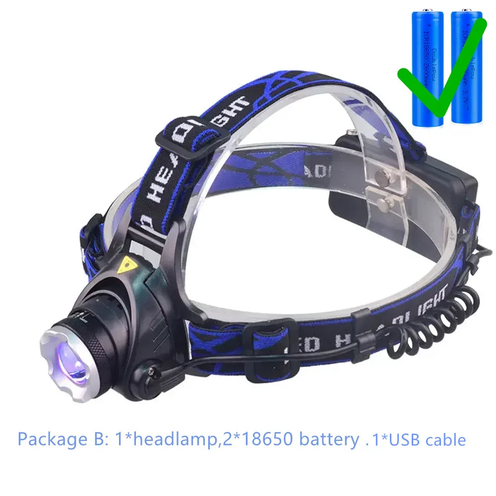 Powerful Dual Light Headlamp: XPE White & 395nm LED UV, Rechargeable, Zoomable, 4 Modes, Waterproof – Ultimate Headlight for Any Adventure