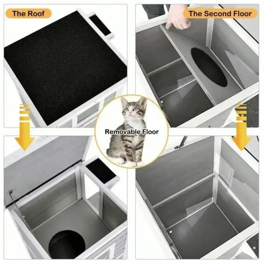 2-Story Wooden Outdoor Cat House – Rainproof Kitty Shelter with Escape Door, Weather-Resistant Pet Hideout