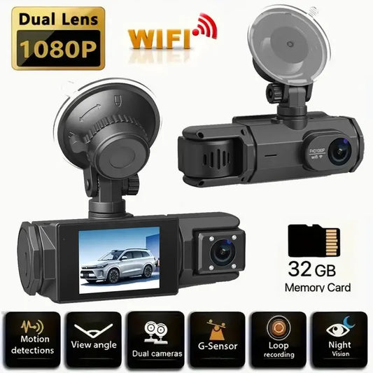 WiFi 3-Channel Car Dashcam, 1080P, 32GB Card, 2.0" IPS Screen, 170° Wide Angle, WDR, Night Vision, 24H Parking Mode