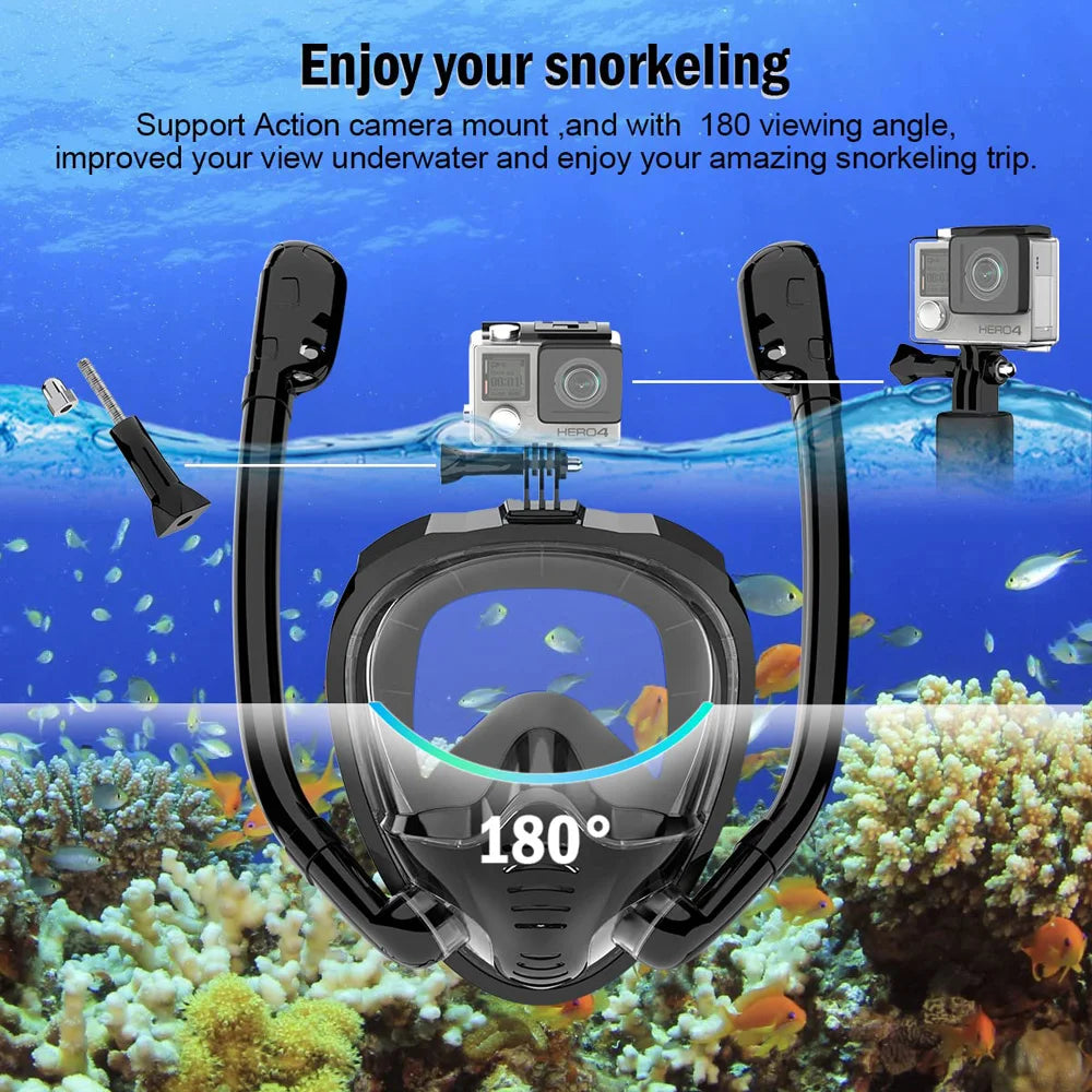 Enhanced Snorkeling Experience: 180° Panoramic View Full Face Snorkel Mask with Silicone Dry Top, Dual Snorkels, Anti-Fog, and Anti-Leak Technology