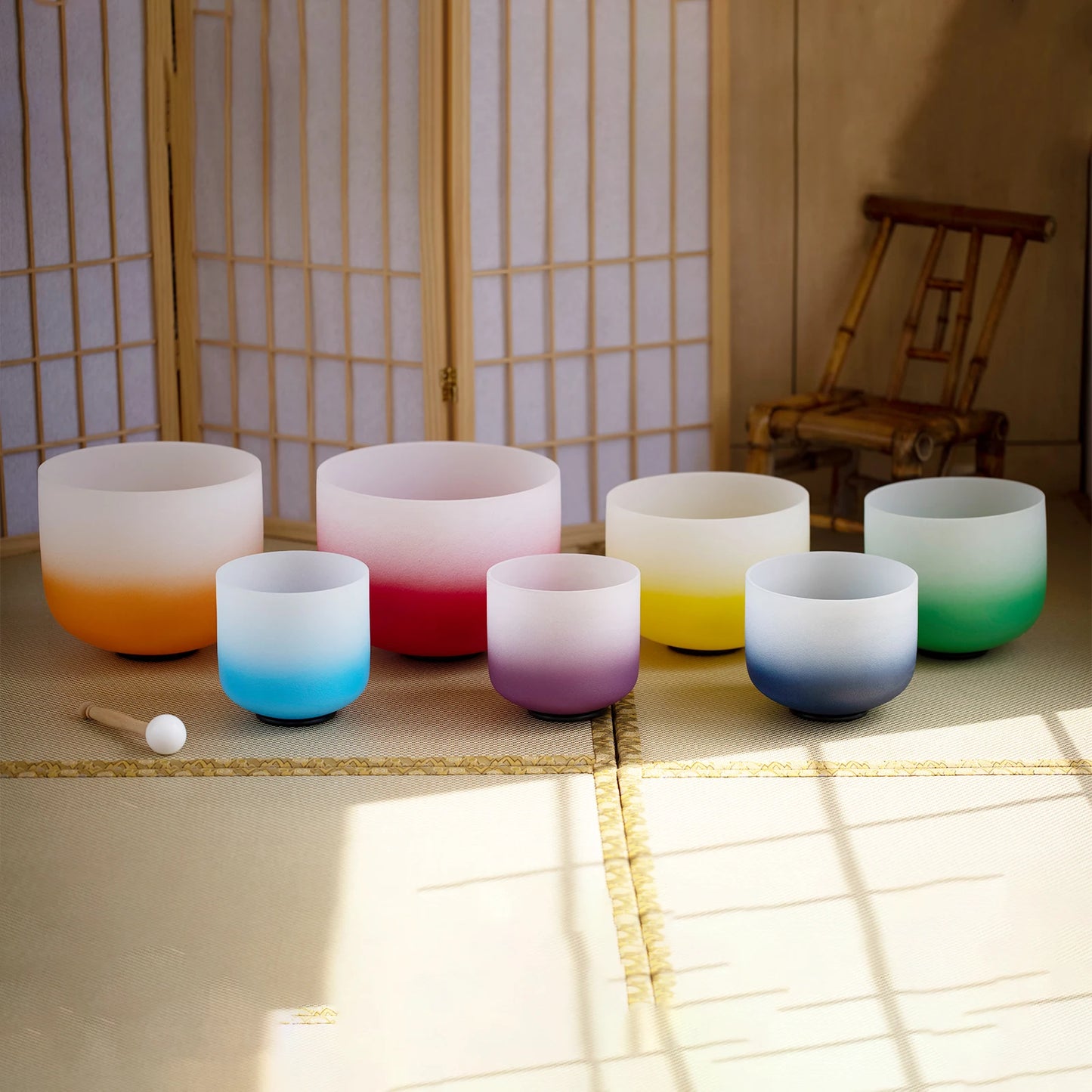 Chakra Frosted Quartz Crystal Singing Bowl Set – 7 Colorful Rainbow Bowls (6-12 Inch) – Free Shipping!