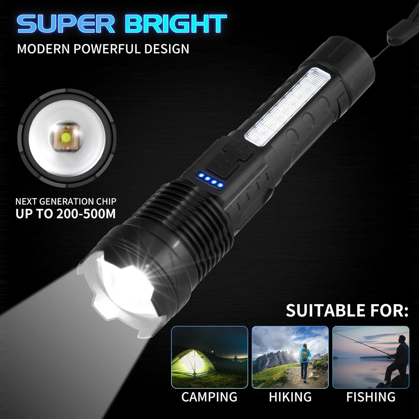 USB Rechargeable LED Flashlight – Ultra Bright Waterproof Tactical Light with Focus Zoom for Outdoor Use