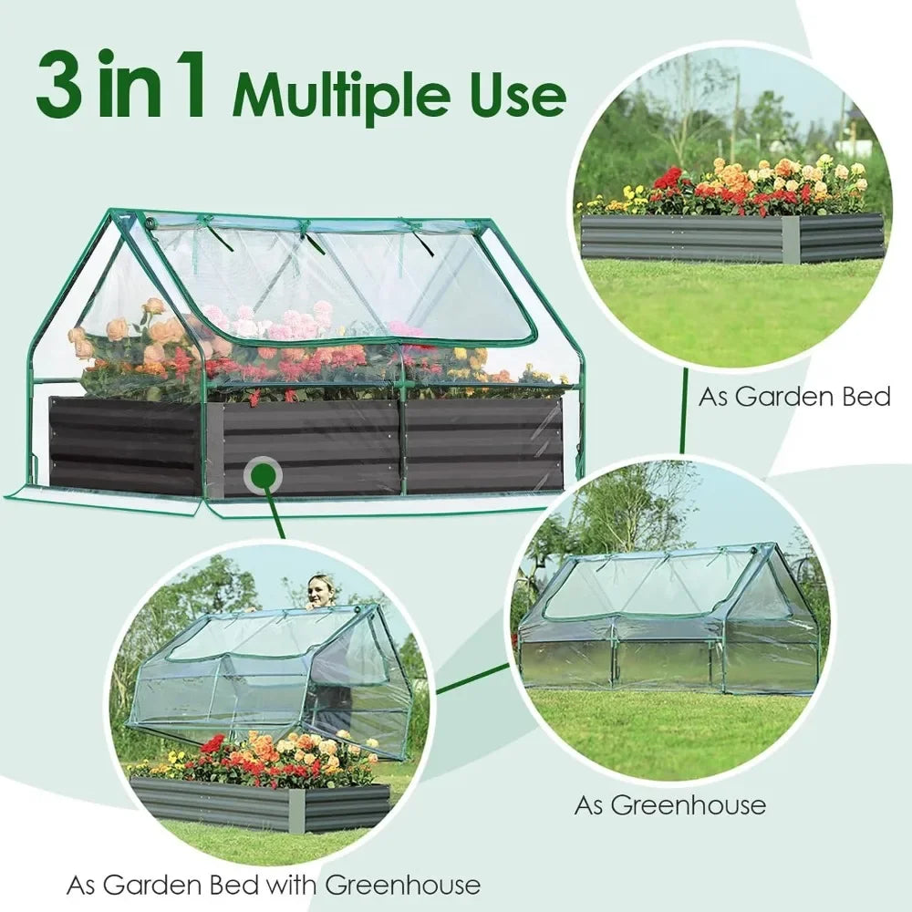 6x3x1ft Galvanized Raised Garden Bed with Cover – Metal Planter Box Kit Featuring 2 Large Screen Windows, Mini Greenhouse & 20 T Tags