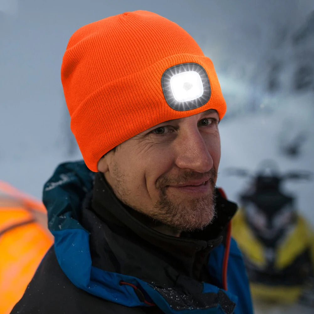Unisex LED Beanie Hat with 4 Built-in Lights – Winter Knit Cap with Rechargeable Headlamp
