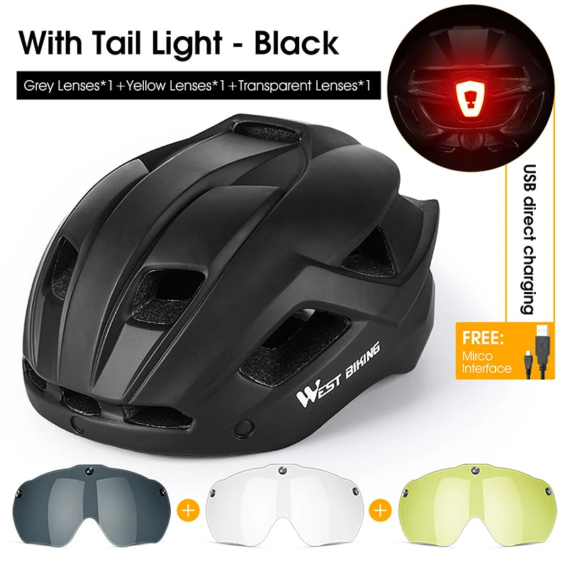 WEST BIKING Unisex Cycling Helmet with Taillight, Goggles, and Sun Visor – Safety Helmet for MTB, Road Bikes, and Motorcycles